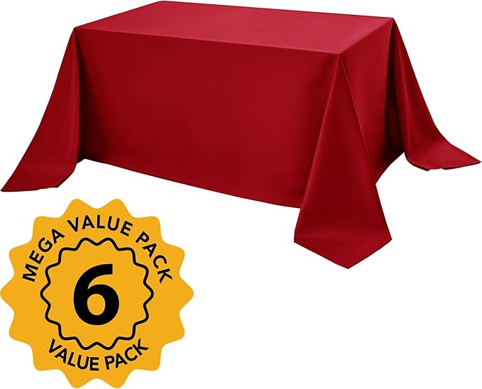 6-Pack Red Tablecloths for Rectangle Tables, 90 x 156 Inches, Stain-Resistant Polyester Fabric for 8 Foot Tables - Washable Table Covers for Weddings, Banquets, Birthday Parties, Events