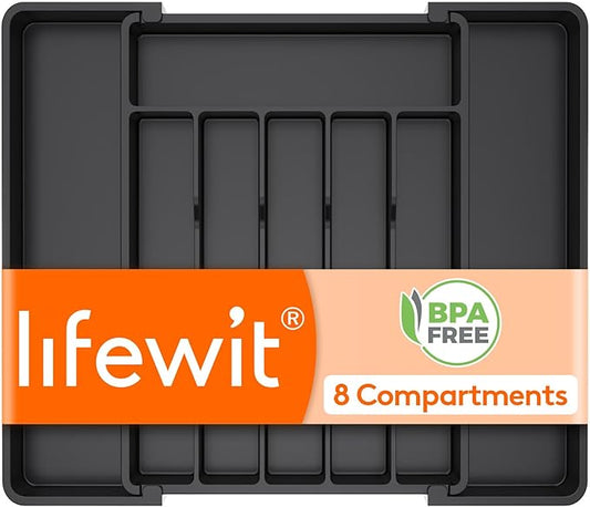Lifewit Silverware Drawer Organizer, Expandable Utensil Tray for Kitchen, BPA Free Flatware and Cutlery Holder, Adjustable Plastic Storage for Spoons Forks Knives, 10.9"-17.5" x 13.7", Black