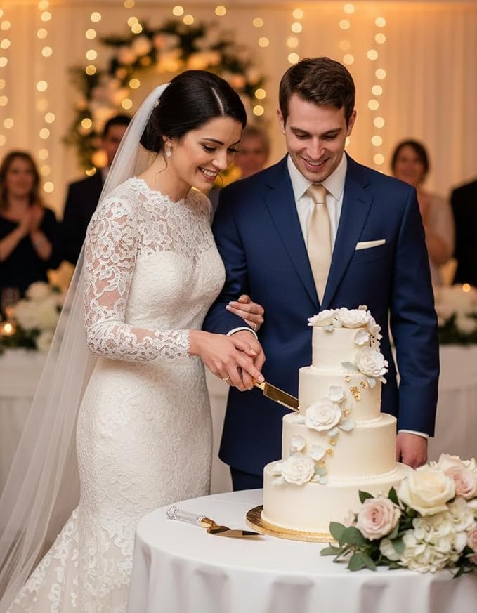 wedding knife and server set gold, Gold Cake Cutter and Pie Spatula, Cake Server and Knife Set of 2 with Crystal Handles, 1.2mm Thick Blades,Cake Cutting Set for Wedding Cake, Birthdays, and Parties