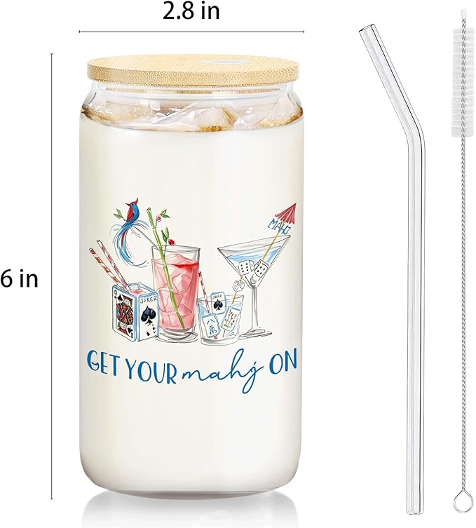 Trendy Mahjong Cocktail Glass Cup with Lids and Straws 14oz, Gifts for Mahjong Players Lovers, Mah Jong Accessories Glass Iced Coffee Tumbler Drinking Jars with Cleaning Brush