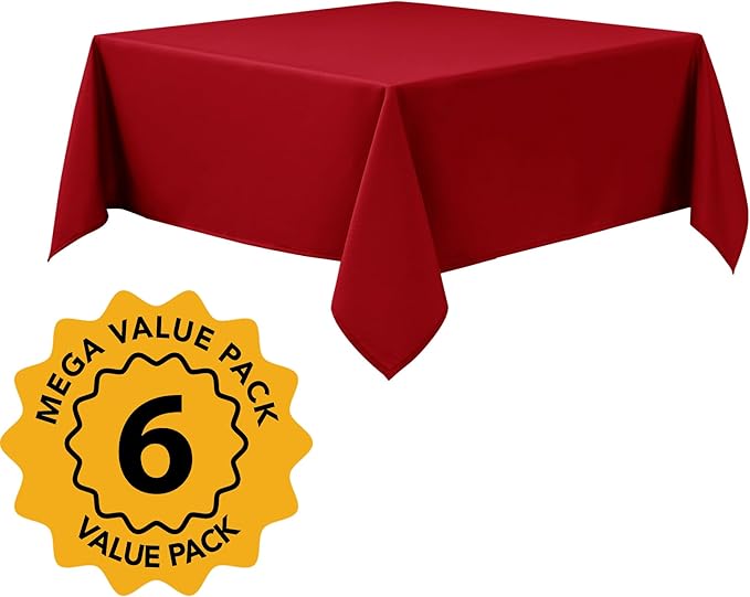 6-Pack Red Tablecloths for Square Tables, 54 x 54 Inches, Stain-Resistant Polyester Fabric for 2 Foot Tables - Washable Table Covers for Weddings, Banquets, Birthday Parties, Events