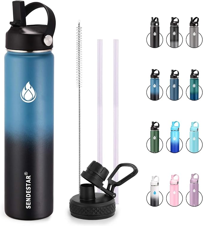 SENDESTAR Insulated Water Bottle 24 oz, Double Wall Vacuum Leak Proof Stainless Steel Sports Water Bottle—Wide Mouth with New Flex Straw Lid & Spout Lid (Deep Blue&Black)