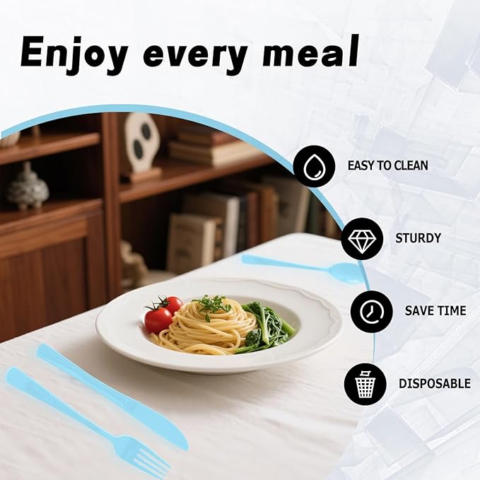 300 Pack Disposable Plastic Silverware, Heavy Duty Light Blue Plastic Cutlery Set Includes 100 Forks 100 Knives 100 Spoons for Birthday Wedding Party Picnics (300, Light Blue)