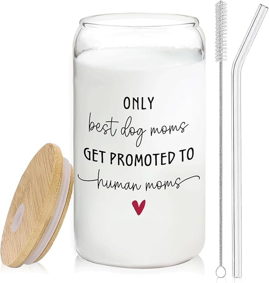 Dog Mom Baby Announcement Glass Cup with Lids and Straws 14oz, Gifts for Pregnant Women Mom to Be, Pregnancy Announcement Gifts Glass Iced Coffee Tumbler Drinking Jars with Cleaning Brush