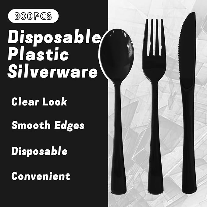 300 Pack Disposable Plastic Silverware, Heavy Duty Black Plastic Cutlery Set Includes 100 Forks 100 Knives 100 Spoons for Birthday Wedding Party Picnics (300, Black)