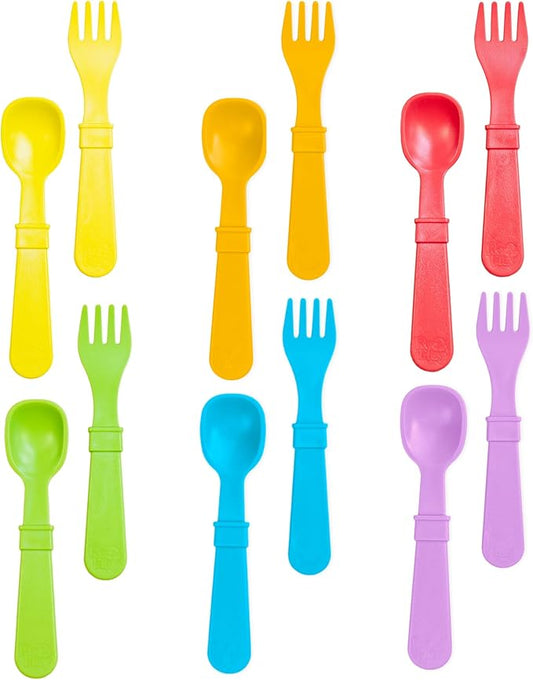 Re-Play Toddler Forks and Spoons Set - 6x6 Utensils Set for Kids - Dishwasher and Microwave Safe - Made in USA - Set of 12-5.8" x 1.2" x 0.2" - Crayon Box