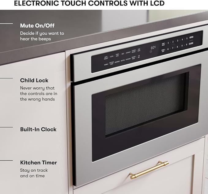 Zephyr 24 inch Built In Drawer Microwave Oven Under Cabinet - Integrated, Wall Mount, Under Counter Pull Out Microwave Drawer 1.2 cu ft, Preset Cooking Options, Easy Clean Coating, 1000W