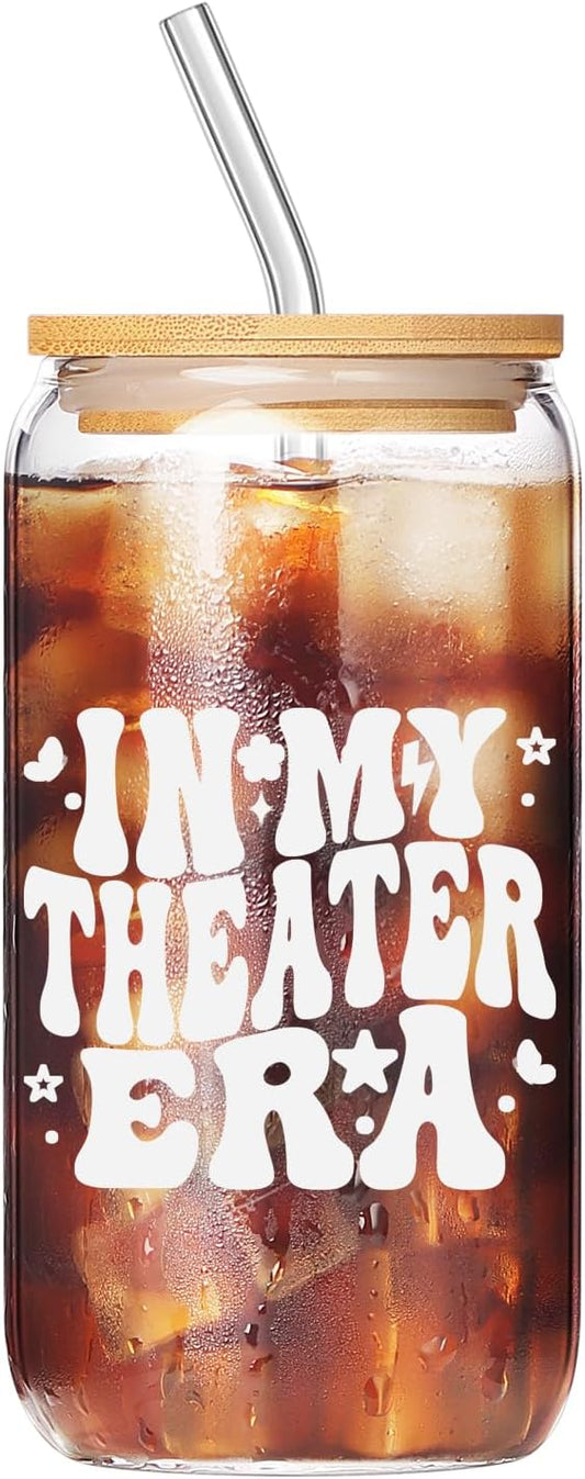 Theater Gifts, Musical Theater Gift, Broadway Gifts for Directors, Actors, Music Teachers, Musicians on Birthday Christmas - 17 Oz Drinking Glass Iced Can Glass Cup with Bamboo Lid and Straw