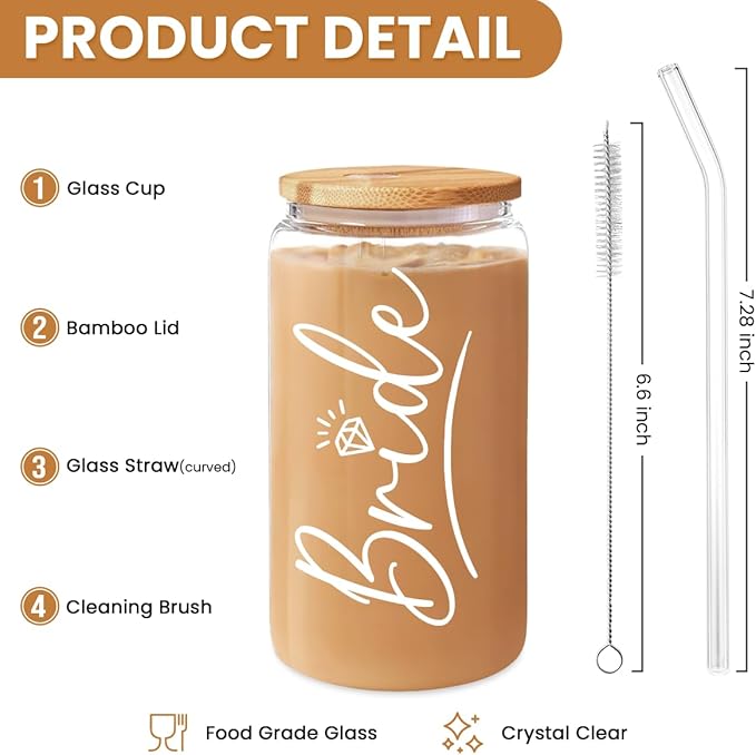 SANDJEST Bride Glass Coffee Cup 16 Oz with Bamboo Lid and Straw - Bridal Shower Gift - Engagement Gifts for Women - Bride Gifts