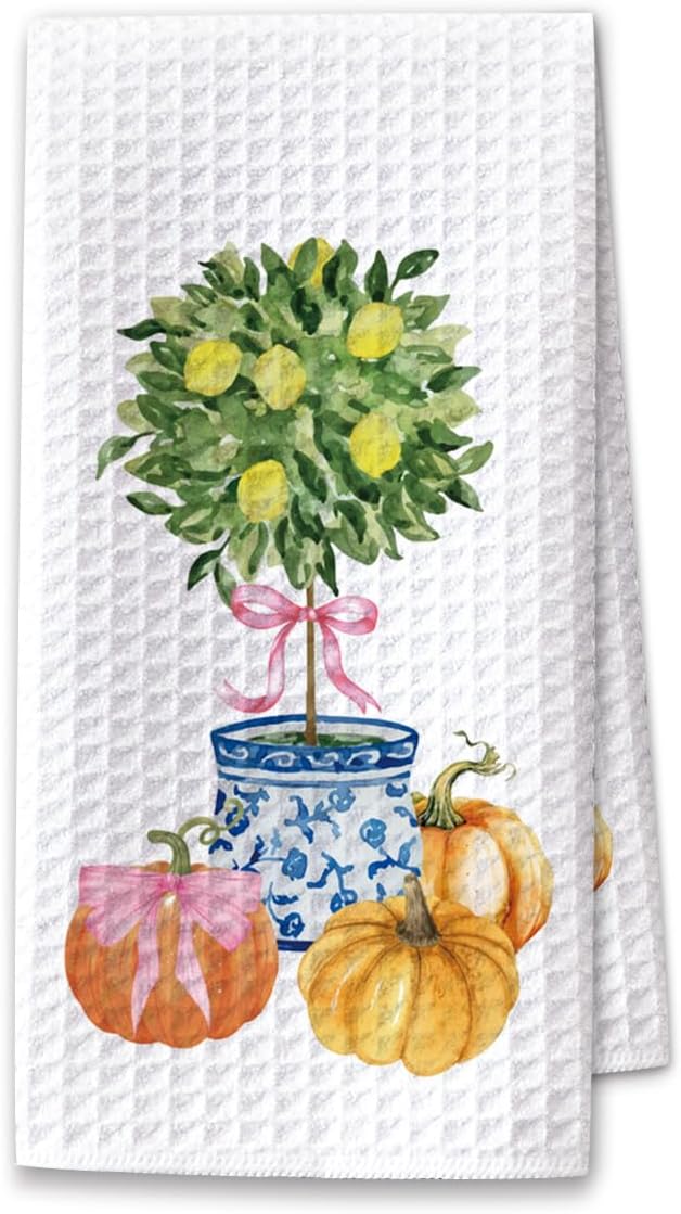 Fall Kitchen Towels Blue and White Pumpkin Kitchen Hand Towels, Chinoiserie Pumpkin Fall Decor Waffle Weave Dish Cloths 16x23.5 Inch, Farmhouse Autumn Thanksgiving Halloween Bathroom-C10