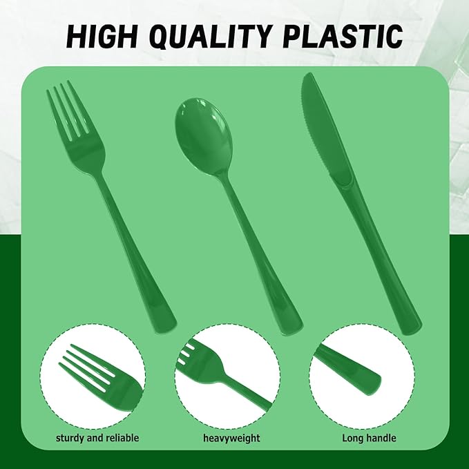 300 Pack Disposable Plastic Silverware, Heavy Duty Green Plastic Cutlery Set Includes 100 Forks 100 Knives 100 Spoons for Birthday Wedding Party Picnics (300, Green)