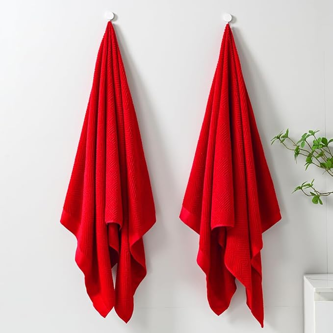 sense gnosis Red Bath Towel Set of 2 Premium 100% Cotton Herringbone Striped Weave Ultra Soft Highly Absorbent Bath Towel for Bathroom 27 X 55 Inch