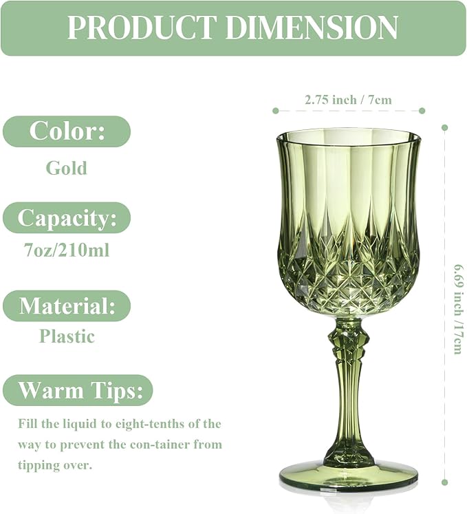 XUWAIDSGN 16 Pcs 7oz Plastic Vintage Wine Glasses Drinking Glasses Unbreakable Wedding Glassware Crystal Water Goblets Reusable Drinkware Vintage Champagne Flutes (16, Dark Green)