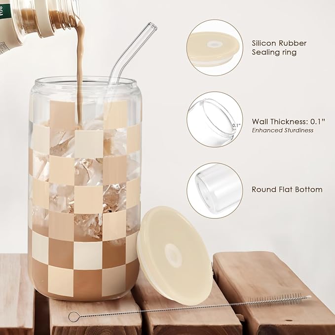 SANDJEST Checkerboard Glass Can, Beige Checker Cup with Lid & Straw, Iced Coffee Aesthetic Cups, Gift for Christmas Birthday Mother Day, Gifts for Women, 16oz