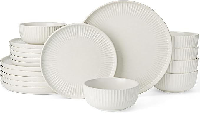 Famiware Starlight Plates and Bowls Dishes Set of 6 (18 Pieces), Ribbed Textured Stoneware Dinnerware Sets- Dishwasher & Microwave Safe, Chip Resistant, Matte Reactive White