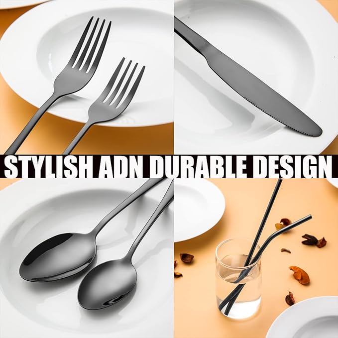 84 Pieces Black Silverware Set Service for 12 Flatware Set with Straws Stainless Steel Utensils Cutlery Set Dishwasher Safe