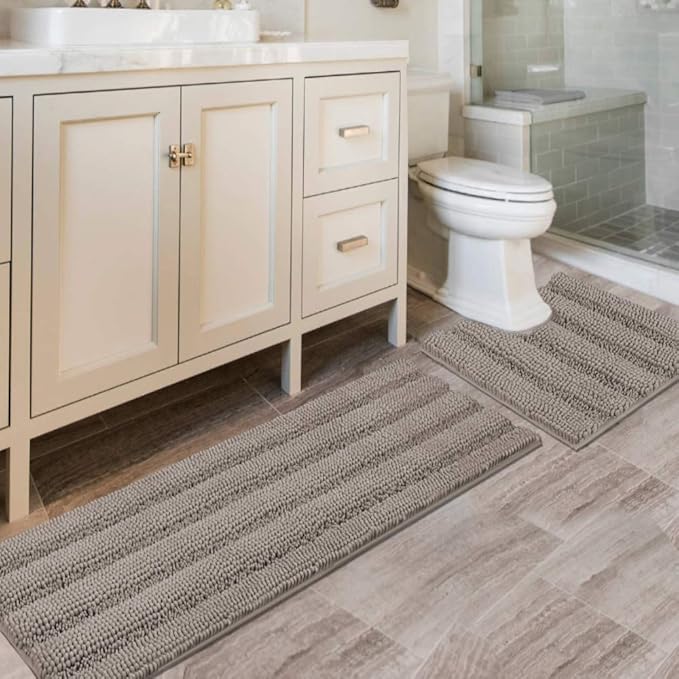H.VERSAILTEX Bathroom Rugs Bath Rug Set 2 Piece Bathroom Contour Rug Toilet Mat Sets Non Slip Contour Bath Rug Ultra Thick Water Absorbent Striped Bath Mats Washable(47" x 17" Plus 20" x 20" U, Taupe)