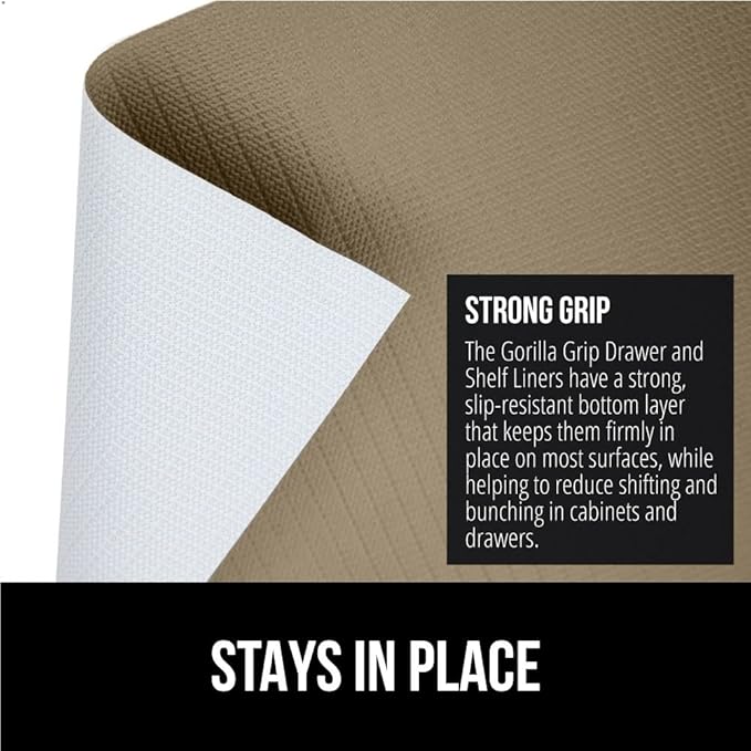 GORILLA GRIP Slip Resistant Drawer and Shelf Liner 2 Pack, Non Adhesive Water Resistant, Easy Clean and Trim, Smooth Surface Liners for Kitchen Cabinet, Shelves, Drawers Pantry, 17.5 IN x 20 FT, Beige