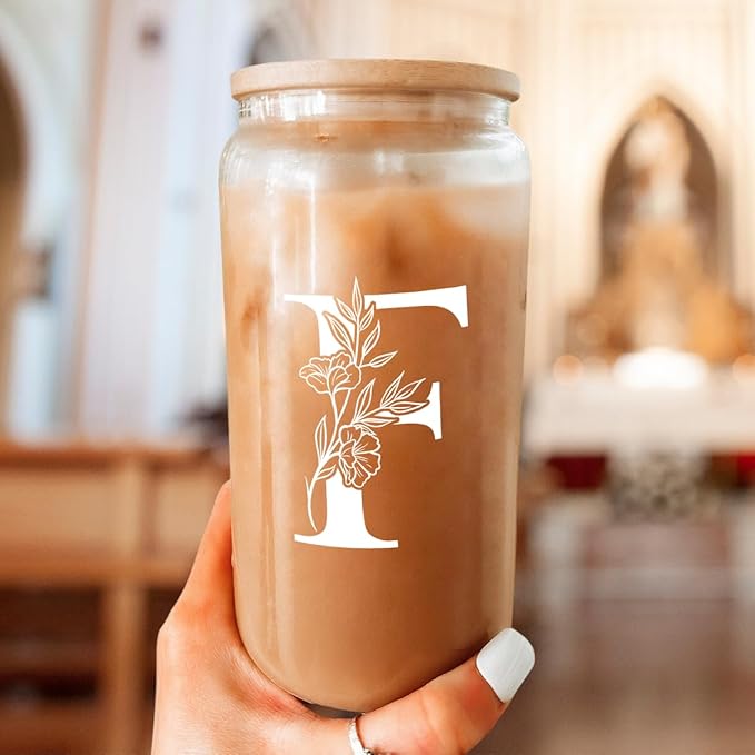 SANDJEST Monogrammed Gifts for Women - Monogram F Initial Glass Cup 16 Oz Can Coffee Cups with Lid and Straw - Monogram Initials Gifts for Womens on Birthday
