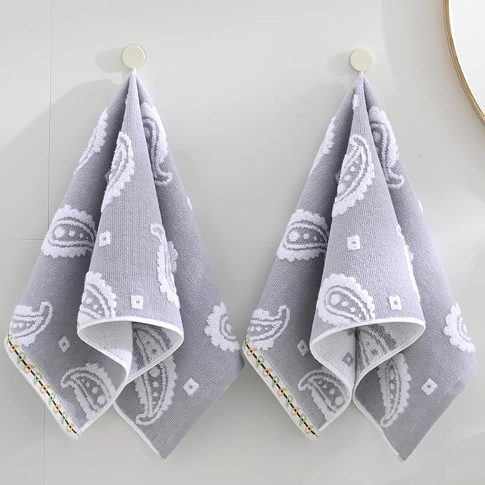 sense gnosis Grey Hand Towel Set of 2 Super Soft 100% Cotton Absorbent Paisley Pattren Jacquard Double-Faced Bath Hand Towels for Bathroom Home Decorative 13" X 29"