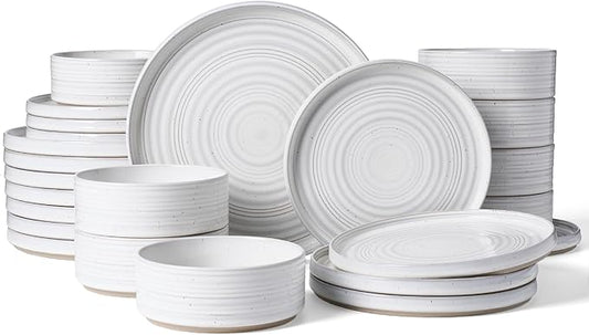 Stoneware Dinnerware Dishes Set for 8, 24 Pieces Spiral Plates and Bowls Sets with Straight Rim, Speckles & Reactive Glaze - Microwave and Dishwasher Safe, White