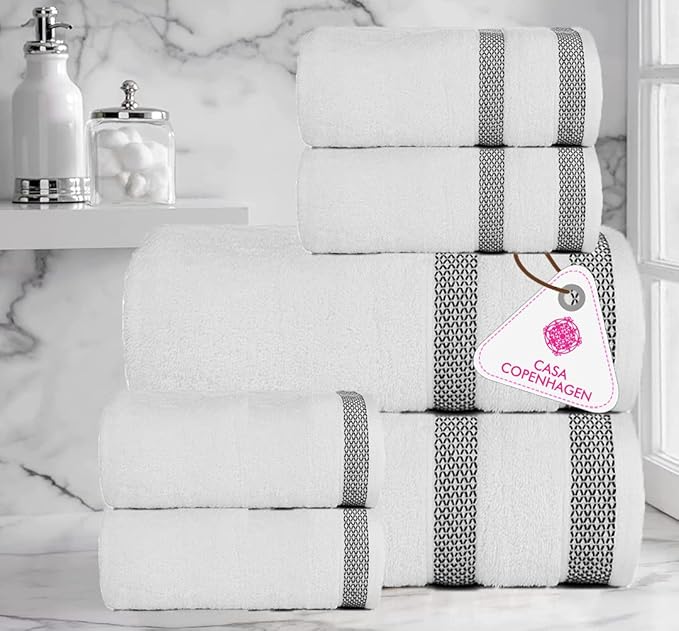 CASA COPENHAGEN Solitaire 6 Pieces Towel Set- Snow White, 600 GSM 2 Bath Towel 2 Hand Towel 2 Washcloth, Designed in Denmark Made of Soft Egyptian Cotton for Bathroom, Kitchen & Shower