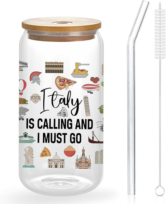 Italy Travel Essentials - Cute Glass Cup with Lids and Straws, 16 Oz Tumbler for Women's Birthday, Christmas, Travel Gifts