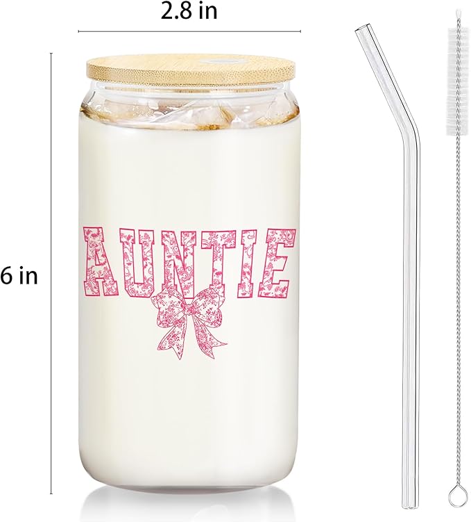 Pink Bow Auntie Glass Cup with Lids and Straws 14oz, Auntie Mother's Day Birthday Gifts from Niece Nephew Glass Iced Coffee Tumbler Drinking Jars with Cleaning Brush