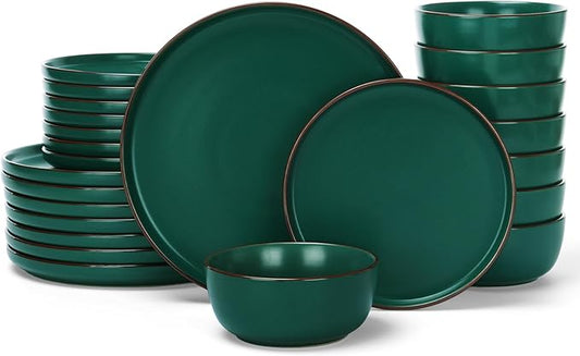 Famiware Mercury 24 Pieces Dinnerware Sets, Plates and Bowls Sets for 8, Microwave and Dishwasher Safe Dish Set, Dark Green