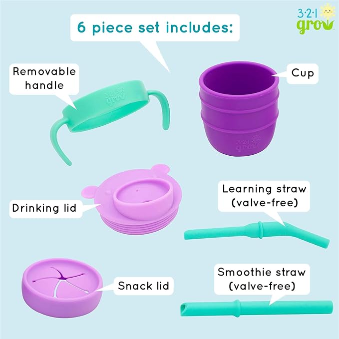Easy Learn Drink and Snack Set – Baby + Toddler Silicone Learning Cup & Snack Set, Training Cup for Straw and Open Cup Independence – Dishwasher Safe (Grape)