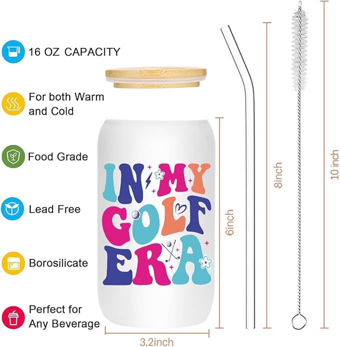 Golf Gifts, Iced Coffee Cup, Golf Accessories for Women, 16 oz Coffee Glass Cups with Lids Straws, Birthday Christmas Gifts for Women Girls Mom Friends Golfers Coaches Players, Party Favors