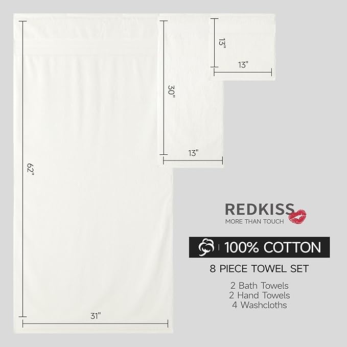 REDKISS Cream Towel Set of 8-100% Cotton Luxury Bath Towels Set for Bathroom, 600 GSM Highly Absorbent Bathroom Towel with 2 Large Bath Sheet, 2 Hand, 4 Washcloths, Beige Shower Towels for Dorm