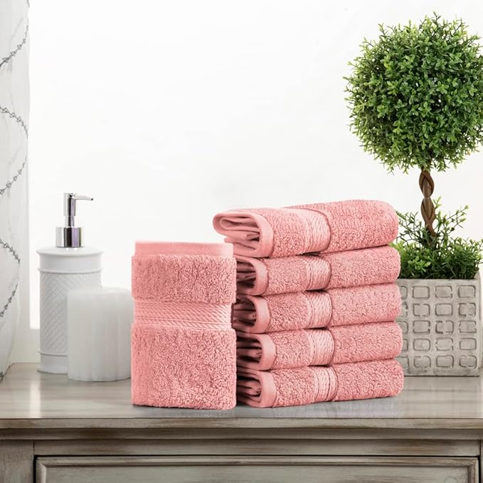 Superior Egyptian Cotton Pile Face Towel/Washcloth Set of 6, Ultra Soft Luxury Towels, Thick Plush Essentials, Absorbent Heavyweight, Guest Bath, Hotel, Spa, Home Bathroom, Shower Basics, Tea Rose