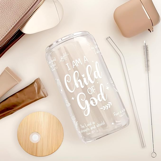 SANDJEST Christian Glass Can, I am Child of God Cup with Lid & Straw, Iced Coffee Aesthetic Cups, Idea Gift for Christmas Birthday, Gifts for Women, 16oz