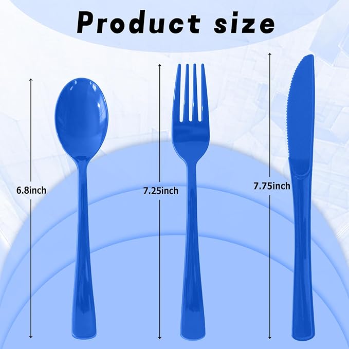 300 Pack Disposable Plastic Silverware, Heavy Duty Blue Plastic Cutlery Set Includes 100 Forks 100 Knives 100 Spoons for Birthday Wedding Party Picnics (300, Blue)