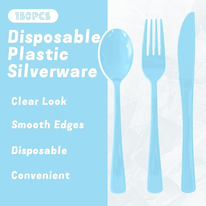 150 Pack Disposable Plastic Silverware, Heavy Duty Light Blue Plastic Cutlery Set Includes 50 Forks 50 Knives 50 Spoons for Birthday Wedding Party Picnics (150, Light Blue)