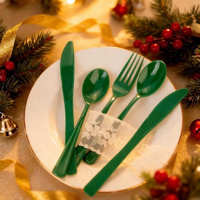 WDF 160 Pcs Green Plastic Silverware - Heavy Duty Christmas Silverware Includes 80Forks, 40Spoons, 40Knives, Green Plastic Utensils Perfect for Christmas Party or Daily Using
