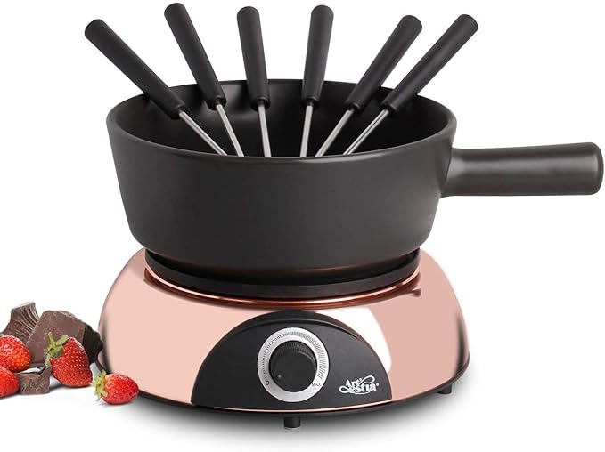 Artestia Swiss Design 2-QT Electric Fondue Pot for Meat, 1500W Ceramic Chocolate Melting Pot with Adjustable Temperature, 6 Fondue Forks, White Ceramic Pot with Rose-Gold Base (Black)