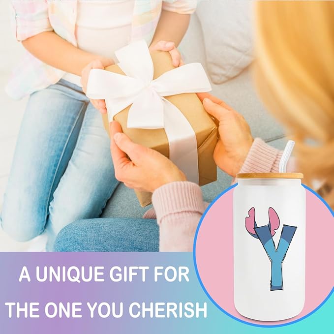 Cute Cartoon Lover Gifts Initial A-Z Personalized Iced Coffee Cup Cartoon Merch 16oz Glass Cup with Lid and Straws Birthday Christmas Gifts for Women Teen Girls Fans (Letter Y)