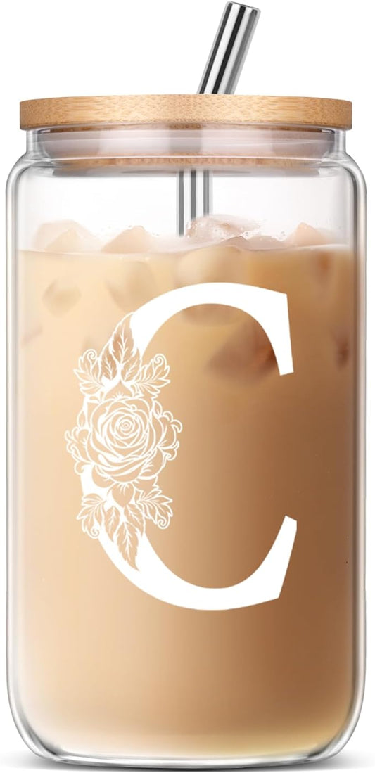 Gifts for Women, Birthday Christmas Mothers Day Thank You Gifts, Personalized Monogrammed Gifts for Sister Mom Friend Wife Gift Ideas 2024 C Coffee Iced Cute Glass Cups with Lids and Straws