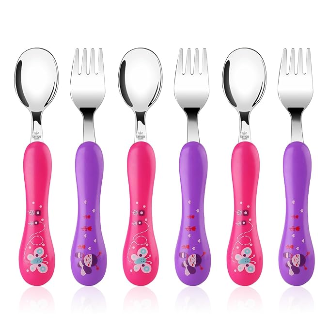 Lehoo Castle 6 Pieces Toddler Utensils, Kids Silverware for 2 3 4 Years Old, Stainless Steel Fork and Spoon Set with Plastic Handle, Safe Toddler Cutlery (Pink＆Purple)