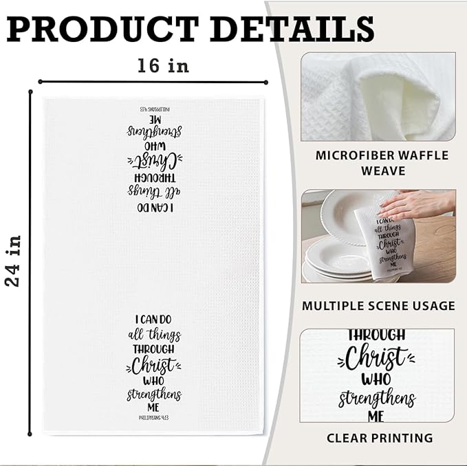 Christian Kitchen Towels with Bible Verse, I Can Do All Things Through Christ Who Strengthens Me, 16x24 Waffle Weave Microfiber Dish Cloth, Religious Christian Gifts for Women Men Housewarming Decor