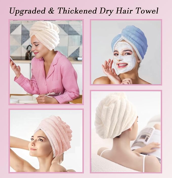 Microfiber Hair Towel Wrap, 2Pack Thickened Drying Hair Wraps Towels with Button. Super Absorbent Drying Hair Towel Wrap for Curly Hair, Anti Frizz Towel for Women. (Pink+ Gray)