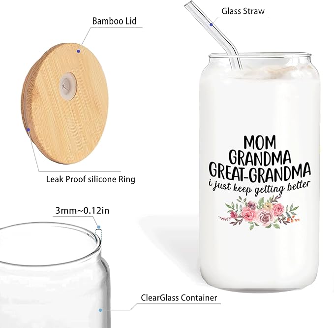 Great Grandma GiftsBaby Announcement Glass Cup with Lids and Straws 14oz, Pregnancy Announcement for Great Grandma, Glass Coffee Tumbler Drinking Jars with Cleaning Brush