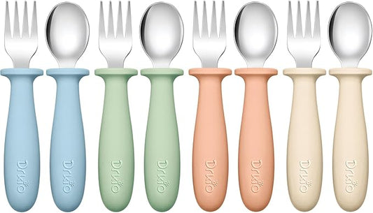 DRKIO 8 Pieces Toddler Utensils Set - Kids Silverware Set with Silicone Handle Children Safe 18/8 Stainless Steel Forks and Spoons Anti-Choke Design Food Grade Dishwasher Safe