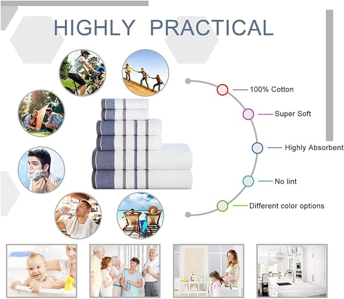 CASA COPENHAGEN White Bay, 6 Pieces Towel Set- White with Lavender and Grey Border, 600 GSM, 2Bath, 2Hands, 2Washcloths Egyptian Cotton Towel for Hotel Spa Kitchen Bathroom Kitchen & Shower