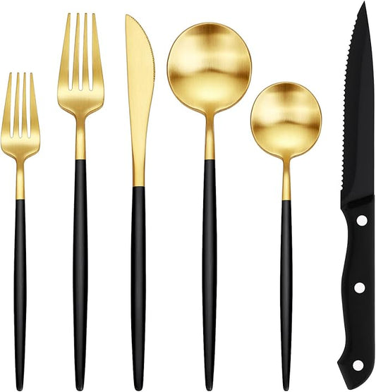 EUIRIO 48-Piece Matte Black&Gold Silverware Set with Steak Knives, Flatware Set for 8, Stainless Steel Forks and Spoons Silverware Sets, Cutlery Utensils Set, Satin Finish & Dishwasher Safe