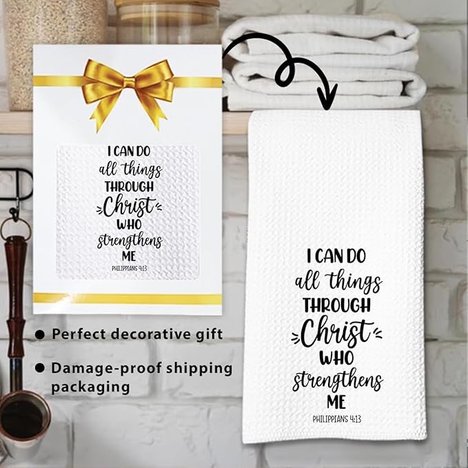 Christian Kitchen Towels with Bible Verse, I Can Do All Things Through Christ Who Strengthens Me, 16x24 Waffle Weave Microfiber Dish Cloth, Religious Christian Gifts for Women Men Housewarming Decor
