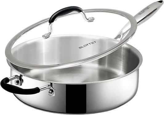 Tri-Ply Stainless Steel Saute Pan with Lid, 5 Quart Deep Sauté Pan with Stay Cool Handle,11.5 Inch Frying Pan,Dishwasher and Oven Safe,Induction Stainless Steel Cookware