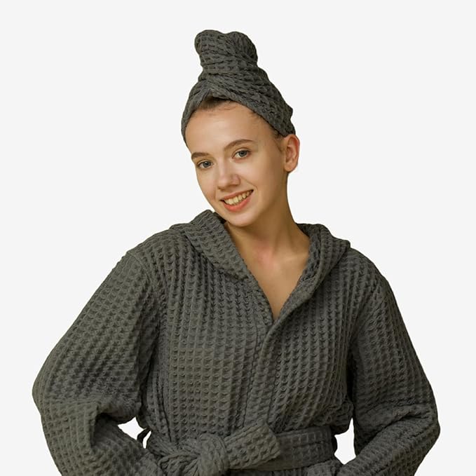 100% Organic Cotton Hair Drying Waffle Towel Wrap for Women | Absorbent & Quick Dry Head Turban for Wet Hair in Shower Sauna Spa, Extra Large for Long Straight Curly Plopping Button (Grey, 1 PACK)